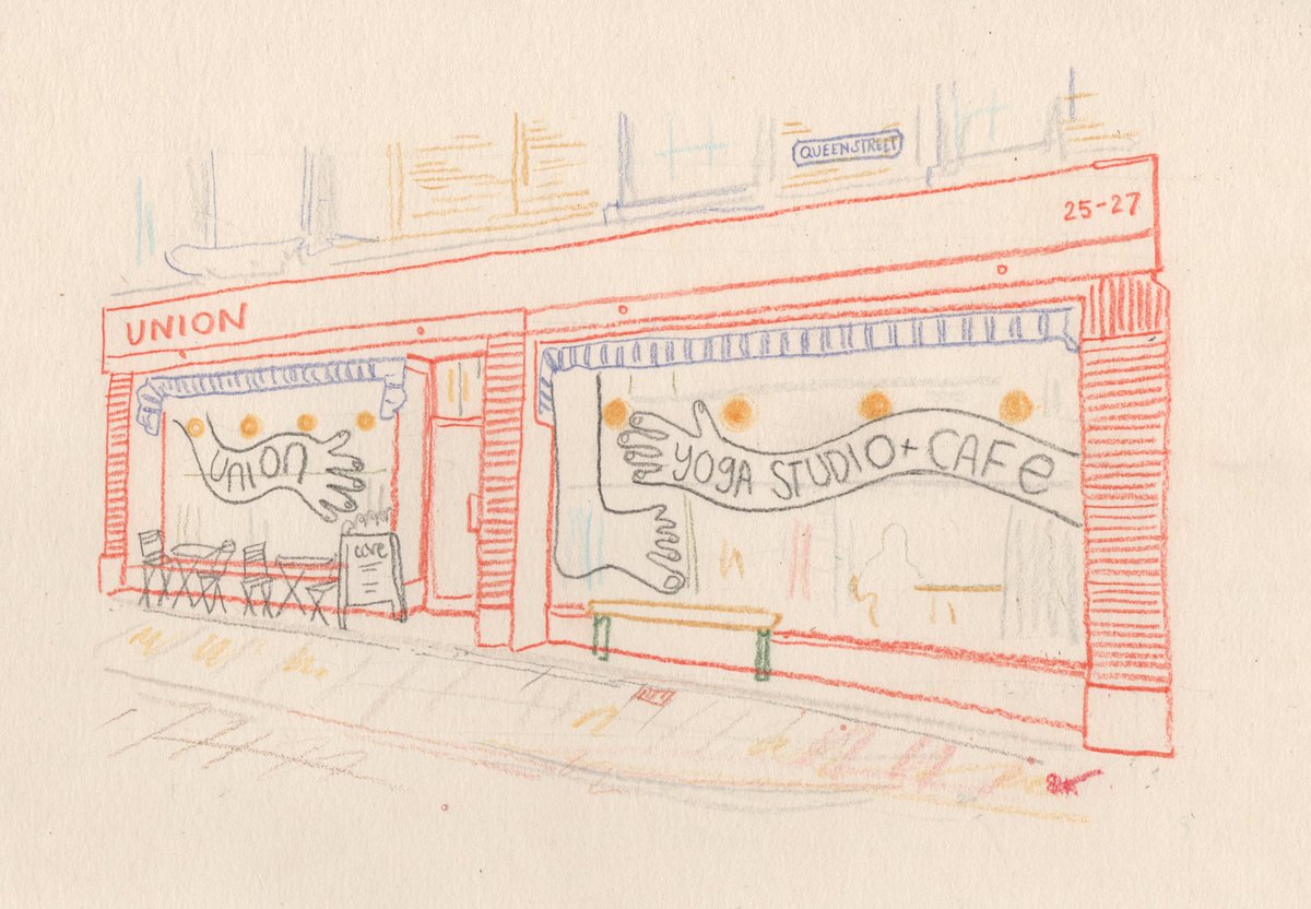 A5 coloured pencil on bamboo paper of Ramsgate's Union Yoga + Cafe. Available- £25 ono and free postage UK. DM to purchase this drawing or to commission your original. #ramsgate #art #shopfront #unionyoga #colouredpencil