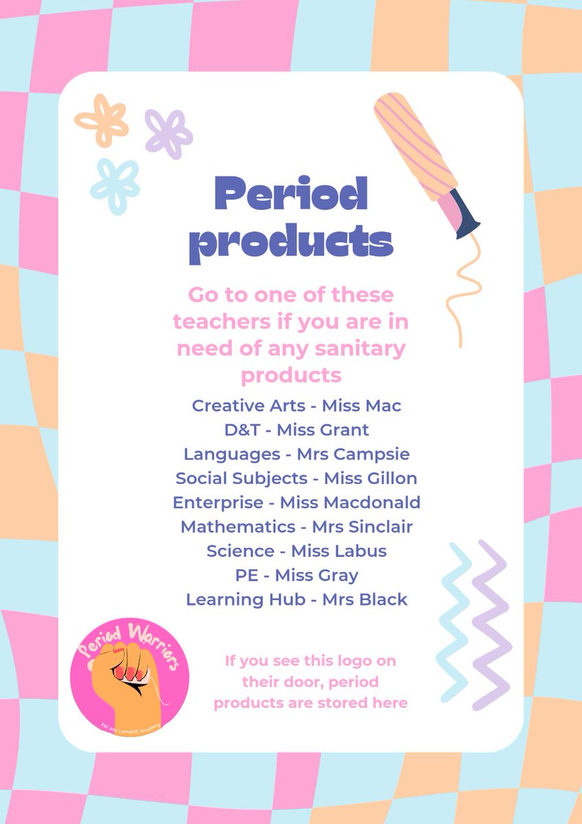 Here is a list of our period ambassador's for each department.  

Feel free to go to their classroom if you are in need of any products 🩷

#periodwarriors #LornshillAcademy