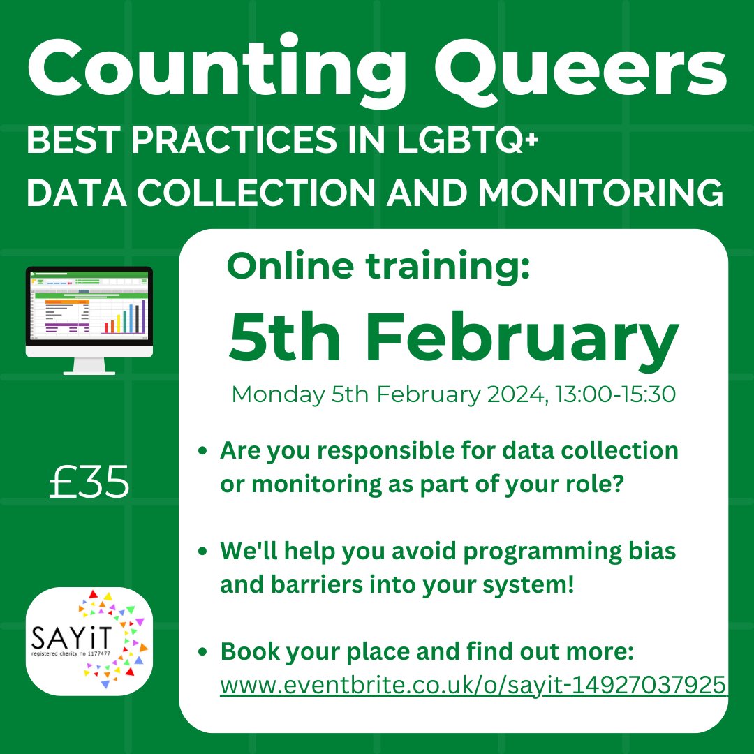Counting Queers: Best practices in LGBTQ+ data collection and monitoring Online training: Monday 5th February 2024 13:00-15:30 £35 (tickets via Eventbrite) Find out more and book your place: eventbrite.co.uk/e/counting-que…