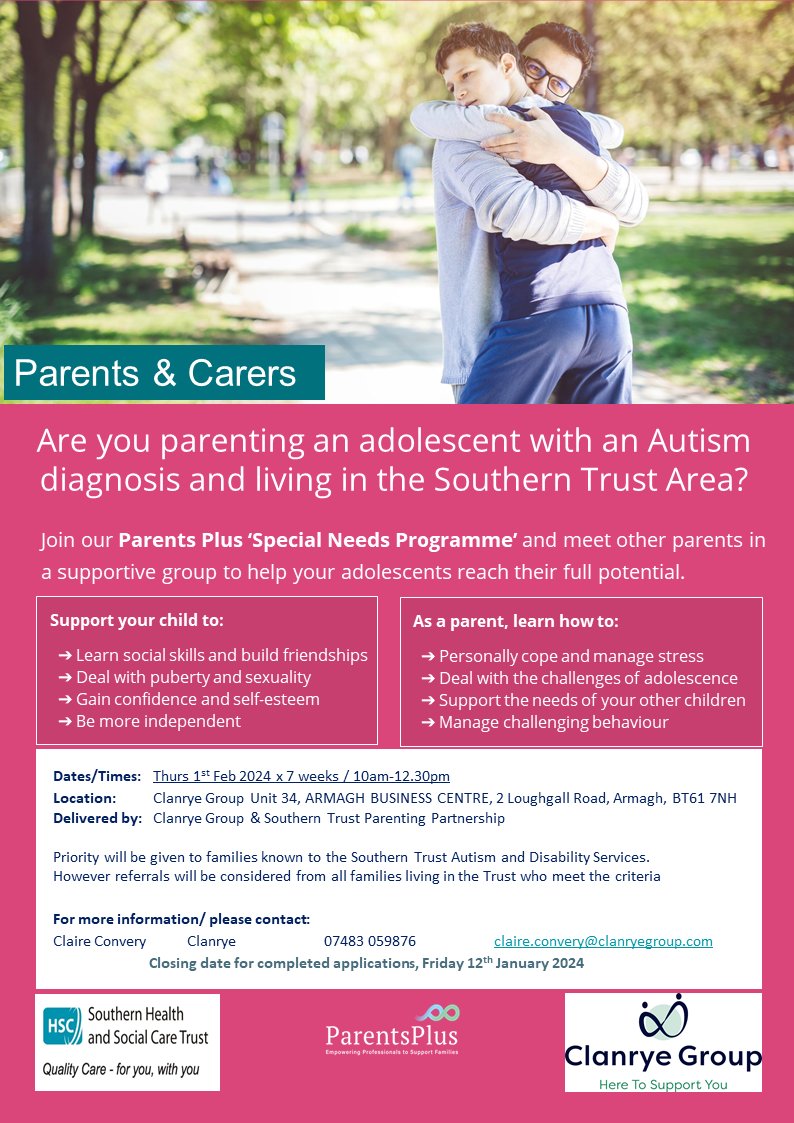 Are you parenting an adolescent with an autism diagnosis and living in the Southern Trust Area? Join our Parents Plus ‘Special Needs Programme’ and meet other parents in a supportive group to help your adolescents reach their full potential. #teamSHSCT