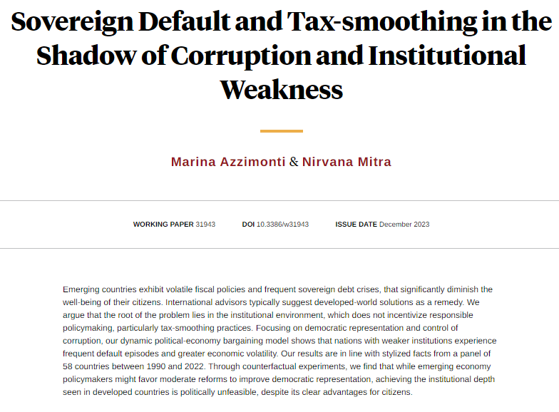 NBER (@nberpubs) on Twitter photo Nations with weaker institutions experience frequent default episodes and greater economic volatility, from @mazzimon77 and <a href="/MitraNirvana/">Nirvana Mitra</a> nber.org/papers/w31943 Nations with weaker institutions experience frequent default episodes and greater economic volatility, from @mazzimon77 and <a href="/MitraNirvana/">Nirvana Mitra</a> nber.org/papers/w31943