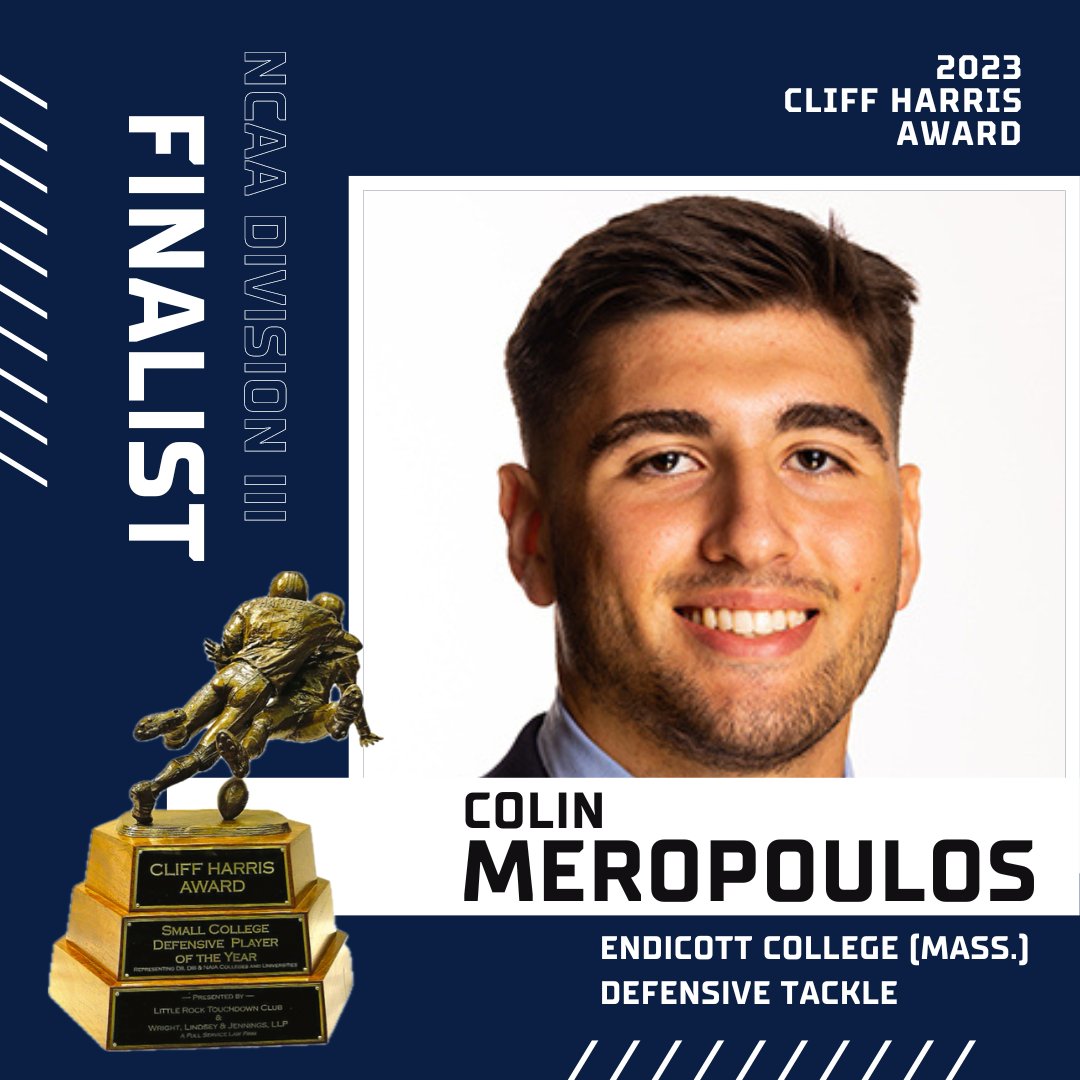 Congratulations to @EndicottCollege defensive tackle @ColinMeropoulos for being named a finalist for the DIII Cliff Harris Award. A senior from Monroe, Connecticut he finished the year with 44 tackles, 17 solo. @CCC_SportsFB @d3sports #d3fb