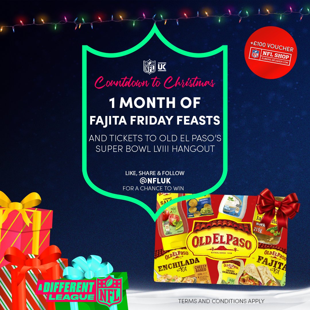 🎄Countdown to Christmas Day 2! 🎁

Win tickets to <a href="/oldelpasouk/">Old El Paso</a> Super Bowl Hangout + 1 month of Fajita Friday feasts!

Like and share this post + make sure you’re following @nfluk for a chance to win!

No Prchs Nsry. Ends 23:59 GMT on 26 December 2023. 18+. See rules