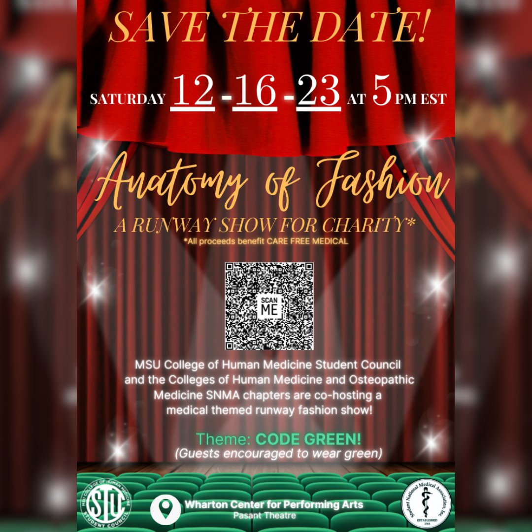 On Dec 16 at 5pm, #Region5 #SNMA chapters at MSU CHM and MSU COM are co-hosting a fashion show for #charity: “Anatomy of Fashion.” MSU #StudentDoctors will wear fashion made of scrubs! Tickets: humanmedicine.msu.edu/events/2023-St… #BlackInMedicine #MinoritiesInMedicine #SNMAExcellence