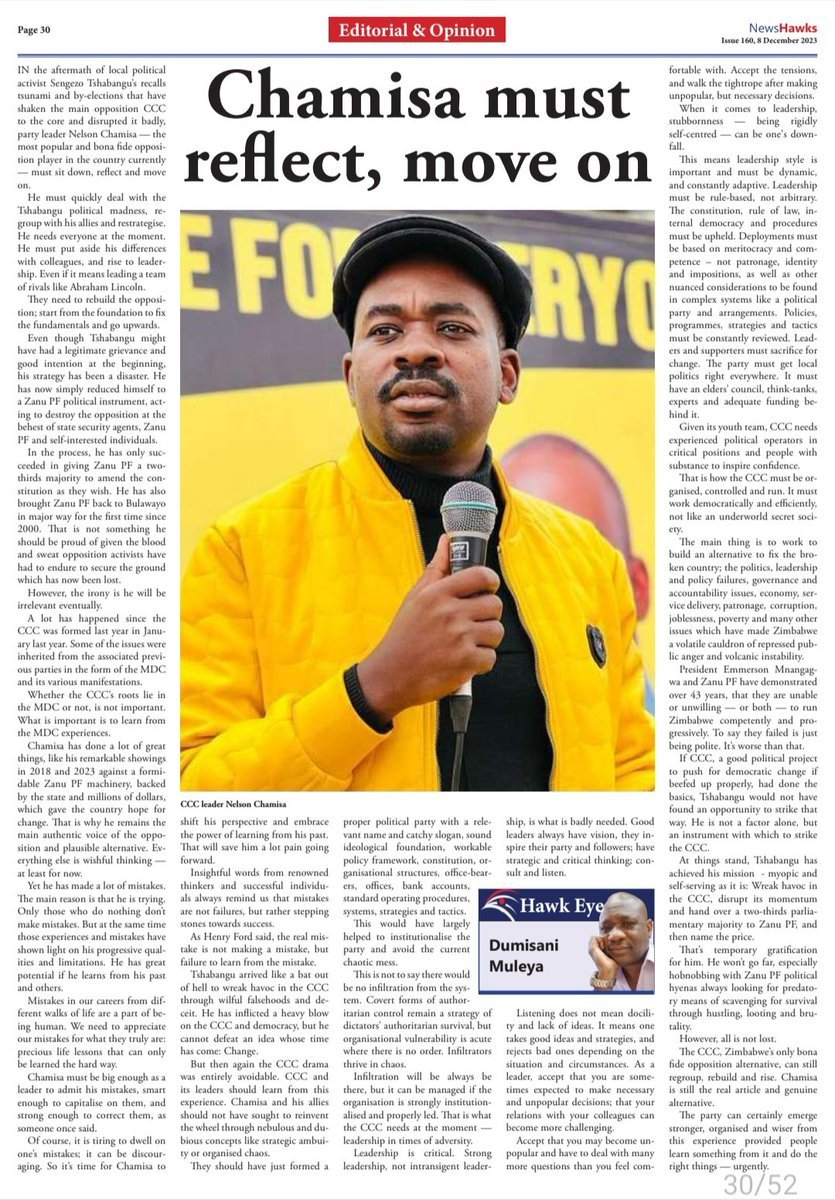 #NewsHawksEditorialOnRecalls In the aftermath of local political activist Sengezo Tshabangu’s recalls tsunami and by-elections that have shaken the main opposition CCC to the core and disrupted it badly, party leader Nelson Chamisa — the most popular and bona fide opposition