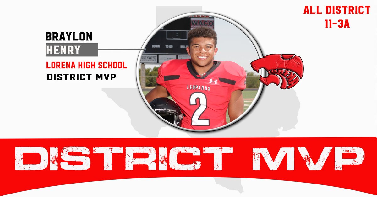 Congratulations to Braylon Henry on his District 11-3A MVP honors #weareone 2023 Stats: 278 Carries for 2,378 Yds and 42 TD's 8 Catches for 178 Yds @Brayl0n_H3nry05 @Athletics_LISD | @LHS_Leopards | @LorenaISD