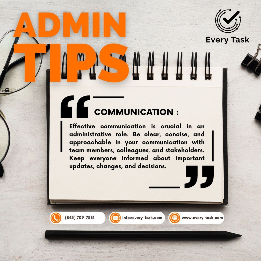 everytaskusa's tweet image. ADMIN TIP: Effective communication is crucial in an administrative role. Be clear, concise, and approachable in your communication with team members, colleagues, and stakeholders. every-task.com 

#everytask #virtualassistant #getorganized #productivity #businesssupport