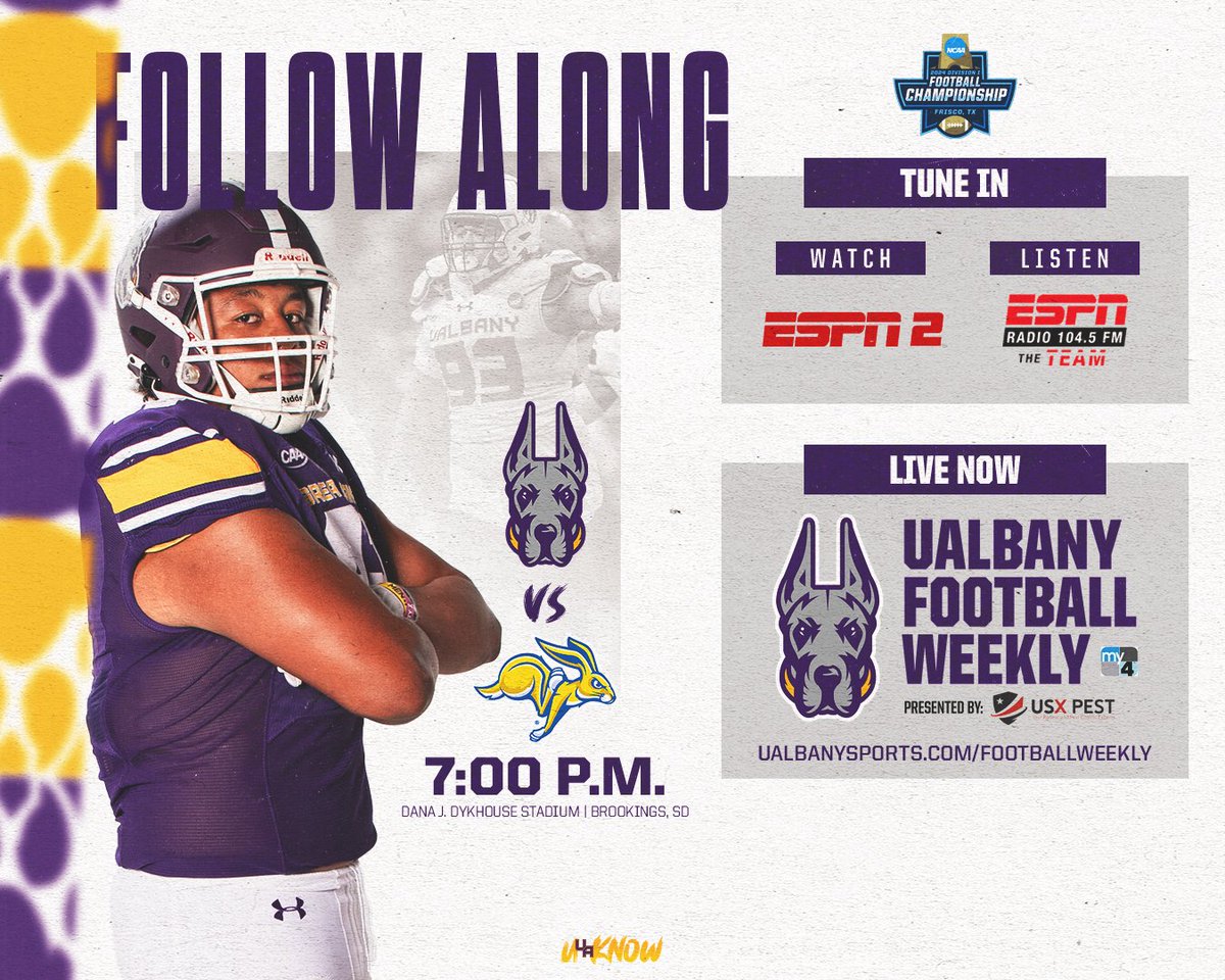 Everything you need for tonight 💪 UAlbany Football Weekly is now LIVE 🏈 📺 bit.ly/4akmIeB (ESPN2) 📻 bit.ly/3cPzzbR (@1045TheTeam) 📊 bit.ly/47Tde8v 🏈 UAlbanySports.com/FootballWeekly #UAUKNOW #WinTheDay 🟪🟨