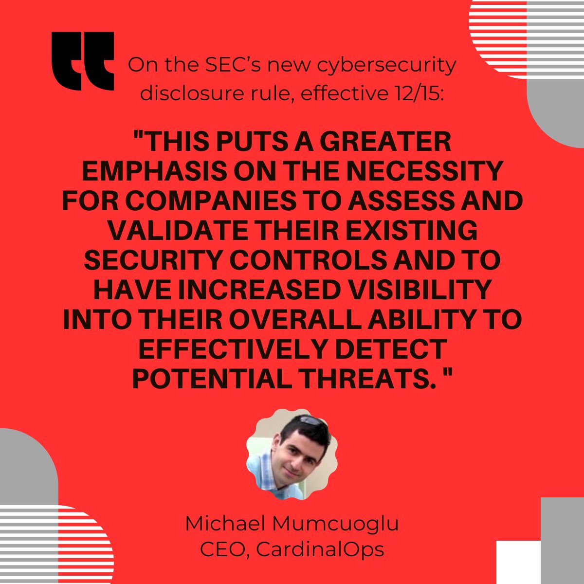 CardinalOps's tweet image. 📣‼️ Stay informed as the SEC cybersecurity disclosure deadline nears! Our CEO, Michael Mumcuoglu, shares insights on its impact and the growing need for security control validation. Check out the article: hubs.li/Q02d9LH00

 #SEC #SecurityControls #SecOps #RiskManagement