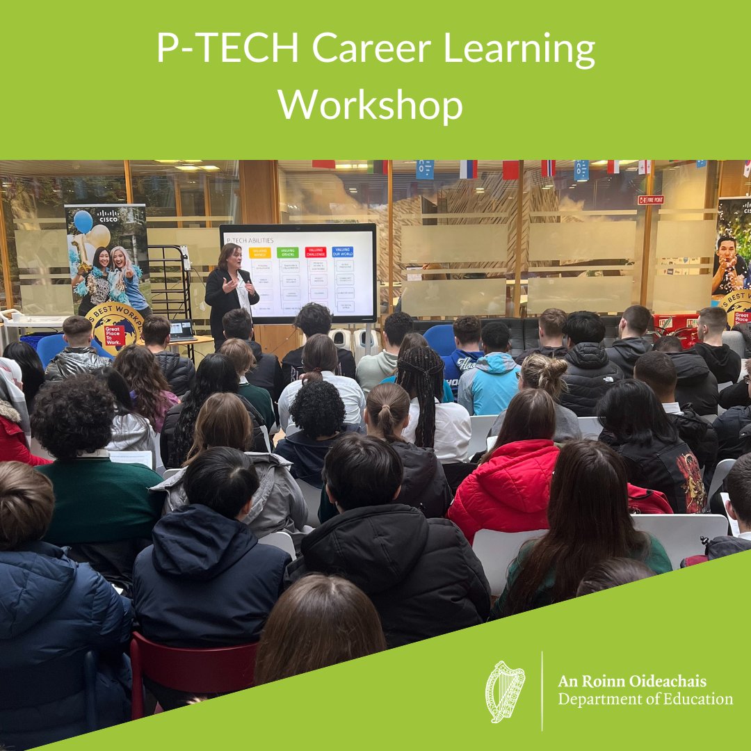 Déardaoin an 14 Nollaig, ghlac daltaí P-TECH sa 6ú bliain ó Choláiste Pobail Lorcáin, Coláiste Iósaif an Fhionnradharc, agus Coláiste Marino páirt i gCeardlann Foghlama Gairme in Cisco.