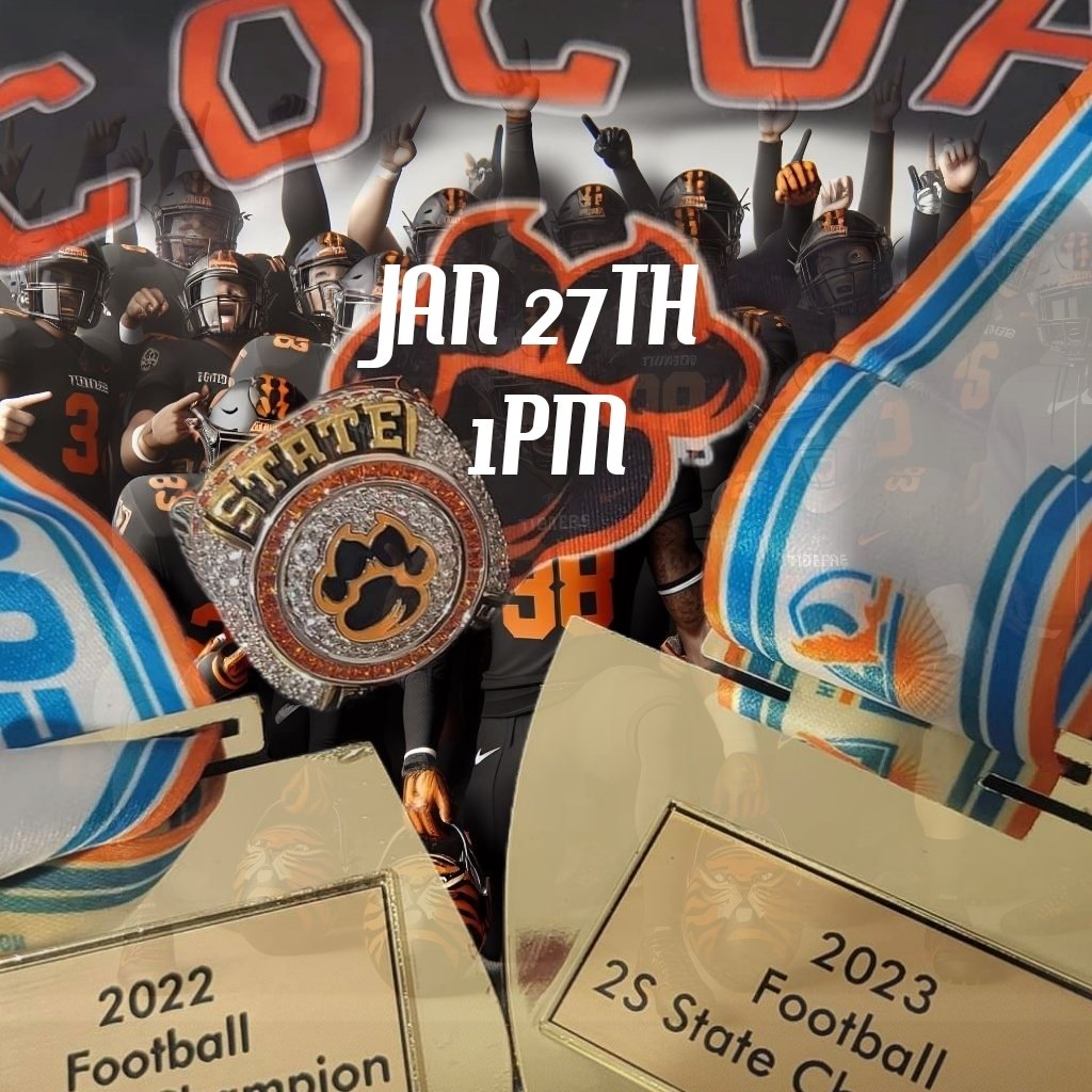 🏈 Exciting news! Join us for the State Football Championship celebration 1PM on 1/27/2024 at the Riverfront Park bandshell in Cocoa Village. Let's come together to cheer and honor our champions! 🎉🏆 #StateChamps #Back2Back #Celebration #TigerPride #CocoaVillage #RiverfrontPark