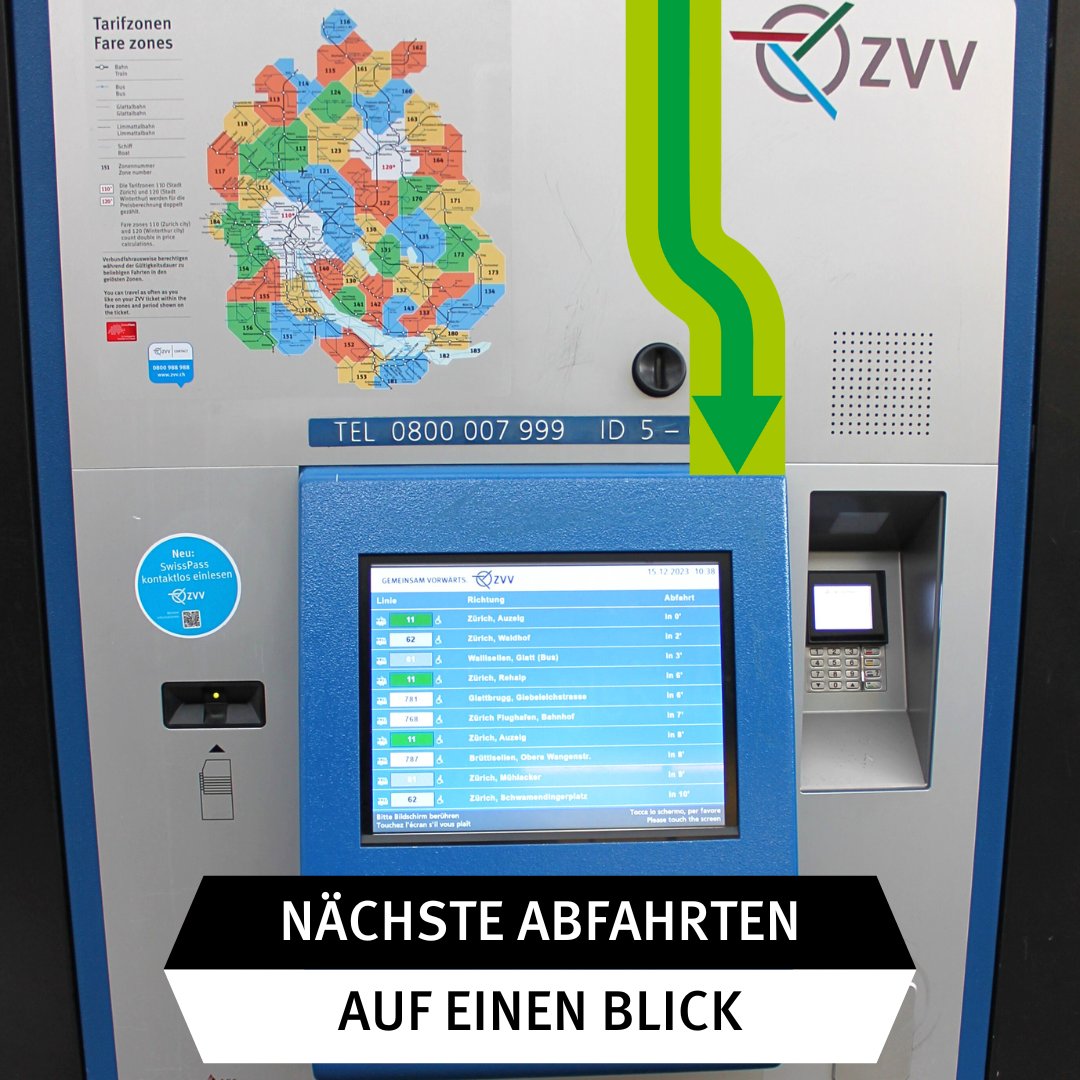 Good news! Abfahrts- und Ereignisinformationen werden neu direkt auf dem Ticketautomaten als Bildschirmschoner angezeigt. 🎉
Diese Funktion wird bis im Frühling laufend auf alle Ticketautomaten im ZVV ausgeweitet.

Nächste Abfahrt: Wochenende 🥳
#zvvgemeinsamvorwärts