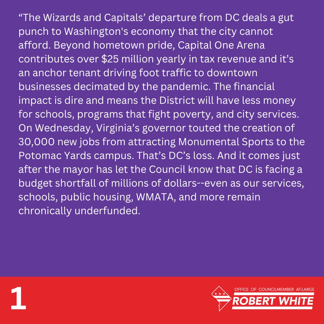 🧵I have a lot of thoughts on DC's loss this week of the #Capitals and #Wizards. I want residents to know what this means for DC's revenues and city services budget and how we move forward from here.