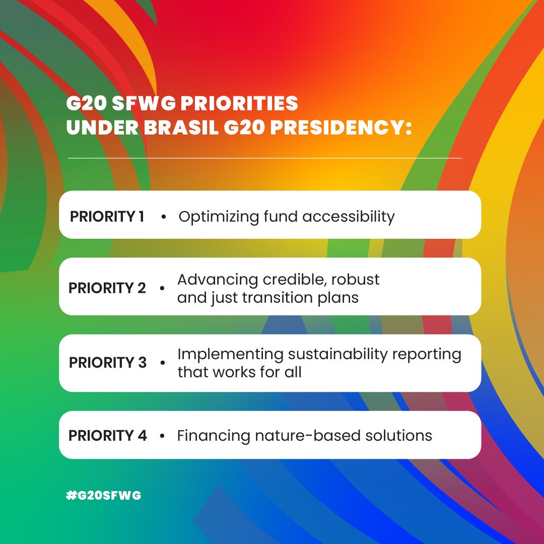 The #G20Brasil priorities on #SustainableFinance in 2024, to be delivered by the #G20SFWG ⤵️: 🌐Optimizing fund accessibility ⚖️ Advancing credible, robust and just transition plans 📊 Implementing sustainability reporting that works for all 🍃 Financing #NatureBasedSolutions