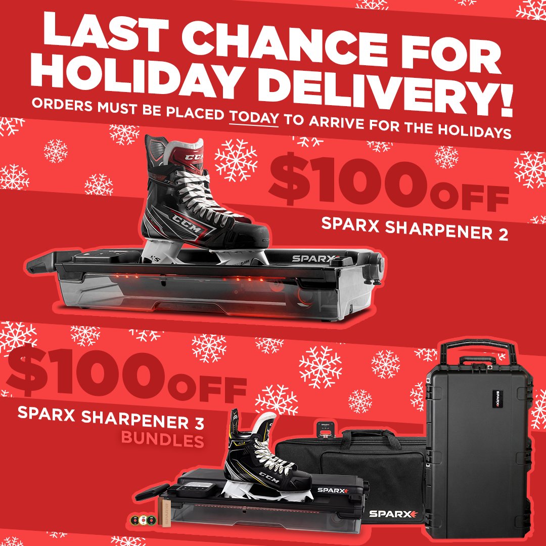 Sparx Hockey on X: LAST CHANCE for holiday delivery! Place your orders  TODAY and use code HOLIDAY2023 at checkout for $100 off Sparx Sharpener 2  and Sparx Sharpener Bundles.  / X