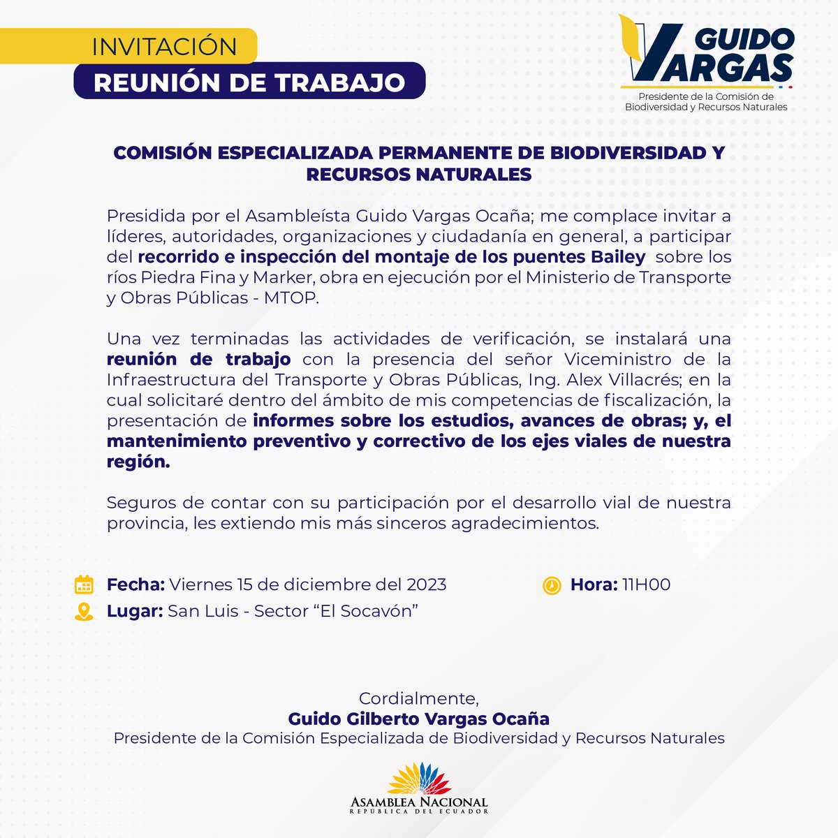 🔵#BOLETÍN #INFORMATIVONos complace realizar la cordial invitación a líderes, autoridades, organizaciones y ciudadanía en general, a participar del recorrido e inspección del montaje de los puentes Bailey  sobre los ríos Piedra Fina y Marker, obra en ejecución por el MTOP