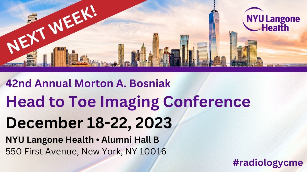 The Head to Toe Imaging 2023 Conference starts NEXT WEEK! It’s not too late to register for this outstanding program, to attend live or virtually! On-site registration will be available. View Daily Agendas + Register Now: nyuradiologycme.com #radiologycme #NYUHeadtoToe23