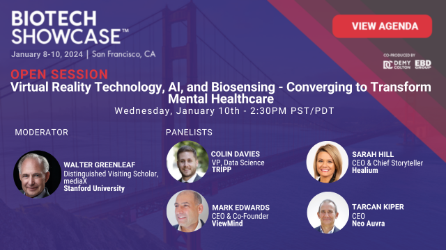 Special #BiotechShowcase2024 Workshop OPEN SESSION Highlight! Looking forward to this session that's open to the public featuring @WalterGreenleaf, Colin Davies @TRIPPVR, Mark Edwards @ViewMind_, @SarahMidMO, Tarcan Kiper @neoauvra. See full agenda here > hubs.la/Q02cK5Yc0