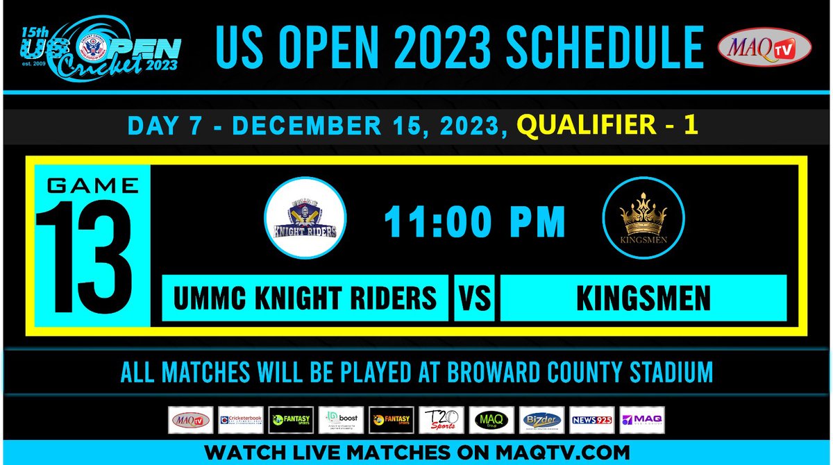 Final Qualifier: UMMC KNIGHT RIDERS Vs Kingsmen youtube.com/watch?v=2fr78d… 15th US OPEN Cricket 2023 PLAYOFF December 8th to 17, at Broward County Stadium FL Watch Live on MAQTV Platform with Youtube LIVE #playoff #rain #eliminator #maqtv #usopen2023 #ccusa #cricket #Live