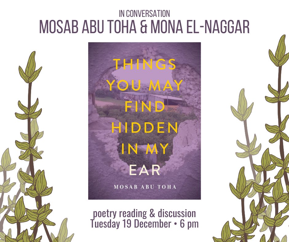 We kindly invite you to join us this Tuesday at 6 pm for a poetry reading and discussion with <a href="/MosabAbuToha/">Mosab Abu Toha</a> and <a href="/monaelnaggar/">mona el-naggar</a>. Limited seats - we open our doors at 5:30. t.ly/_6H8F