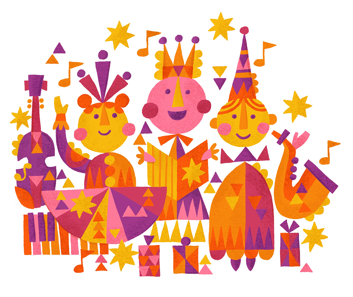 Wishing you a holiday filled with whimsy and wonder! #kidlitart #happyholidays #illustration #illustrator #design #pink #orange #artist #music #dance #violin #piano #surfacedesign #pattern #greetingcards #saxophone #childrensillustration