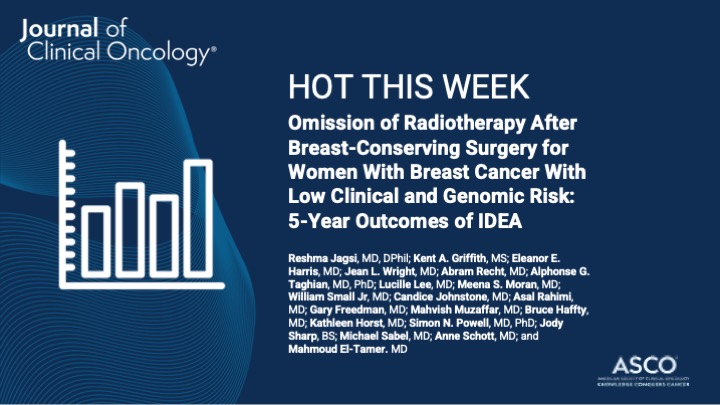 👋 Check out what’s popular this week in #JCO: Omission of #Radiotherapy After Breast-Conserving Surgery for Women With #BreastCancer With Low Clinical and Genomic Risk: 5-Year Outcomes of IDEA by @reshmajagsi et al. ➡️ brnw.ch/21wFmoh #BCSM