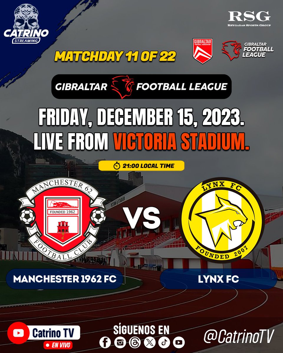 🇬🇧 Experience the kickoff of Matchday 11 in the Gibraltar Football League! Starting tonight, Friday, December 15, 2023, at 21:00 local time in Victoria Stadium. Witness an exhilarating clash as #Manchester1962FC faces off against #LynxFC, vying for the third and fourth spots on