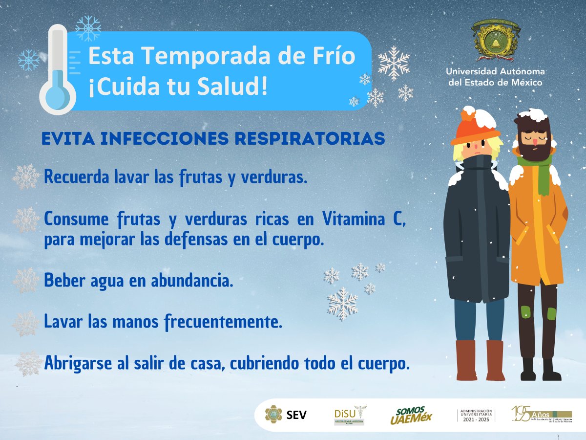 Recuerda que en esta #TemporadaDeFrio es importante seguir cuidando de tu salud y los demás.

La Dirección de Salud Universitaria te comparte algunos puntos y así evitar infecciones respiratorias.

#SaludUAEMéx
#SEV
#SomosUAEMéx 💚💛