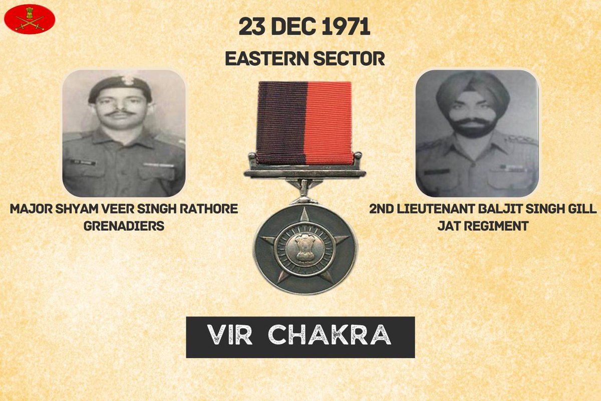 23 Dec 1971
Eastern Sector

Major SVS Rathore & 2nd Lt BS Gill displayed indomitable courage & exemplary leadership in the face of the enemy. Awarded #VirChakra.

gallantryawards.gov.in/awardee/1917
gallantryawards.gov.in/awardee/2788