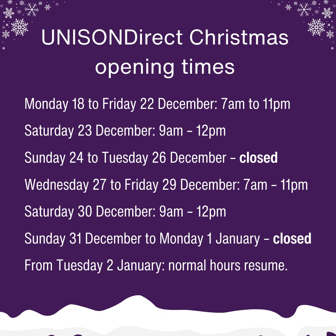 Need help at work? ☎️ 0800 0857 857 23 December: 9am-12pm 24-26 December: closed 27-29 December: 7am-11pm 30 December: 9am-12pm 31 December-1 January: closed From 2 January: normal hours resume.