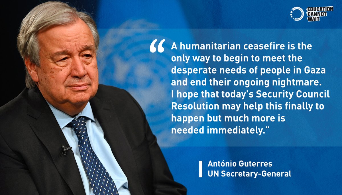 “A #HumanitarianCeasefire is the only way to begin to meet desperate needs of people in #Gaza & end their ongoing nightmare. I hope that today's resolution may help this finally to happen but much more is needed immediately.” ~@UN SG @AntonioGuterres🇺🇳 👉webtv.un.org/en/asset/k1y/k…