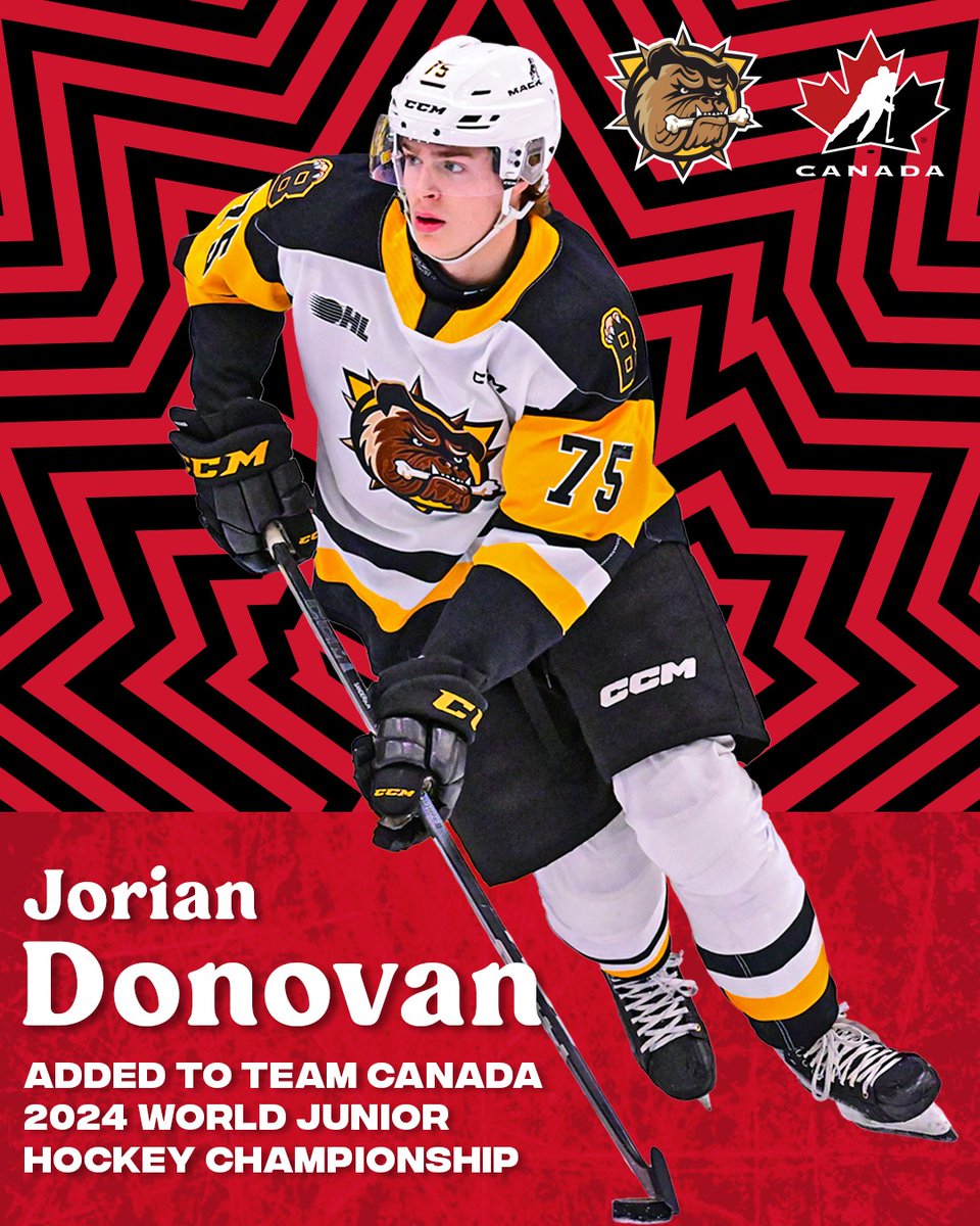 As announced by @HockeyCanada - our own #75 Jorian Donovan has been added to Team Canada for the 2024 World Junior Hockey Championship! CONGRATULATIONS JORIAN!! Jorian will look to make it father-son Gold Medals at the #WJC as dad, Shean, struck gold in 1995! #OHL #BFD