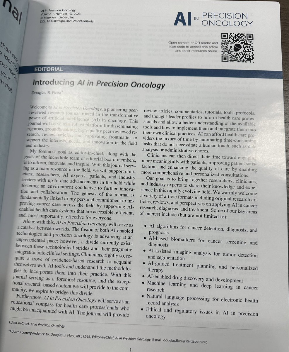 Vivek Subbiah, MD (@viveksubbiah) on Twitter photo ⭐️Just in time for the holidays. Nice to get the print edition & preview issue of #AI in #PrecisionOncology - new journal.
Forward thinking journal on #AI in Oncology & #PrecisionMedicine
Delighted to be in the editorial board of this newly launched journal with <a href="/NGThaker_XRT/">Nikhil G. Thaker, MD</a> ⭐️Just in time for the holidays. Nice to get the print edition & preview issue of #AI in #PrecisionOncology - new journal.
Forward thinking journal on #AI in Oncology & #PrecisionMedicine
Delighted to be in the editorial board of this newly launched journal with <a href="/NGThaker_XRT/">Nikhil G. Thaker, MD</a>