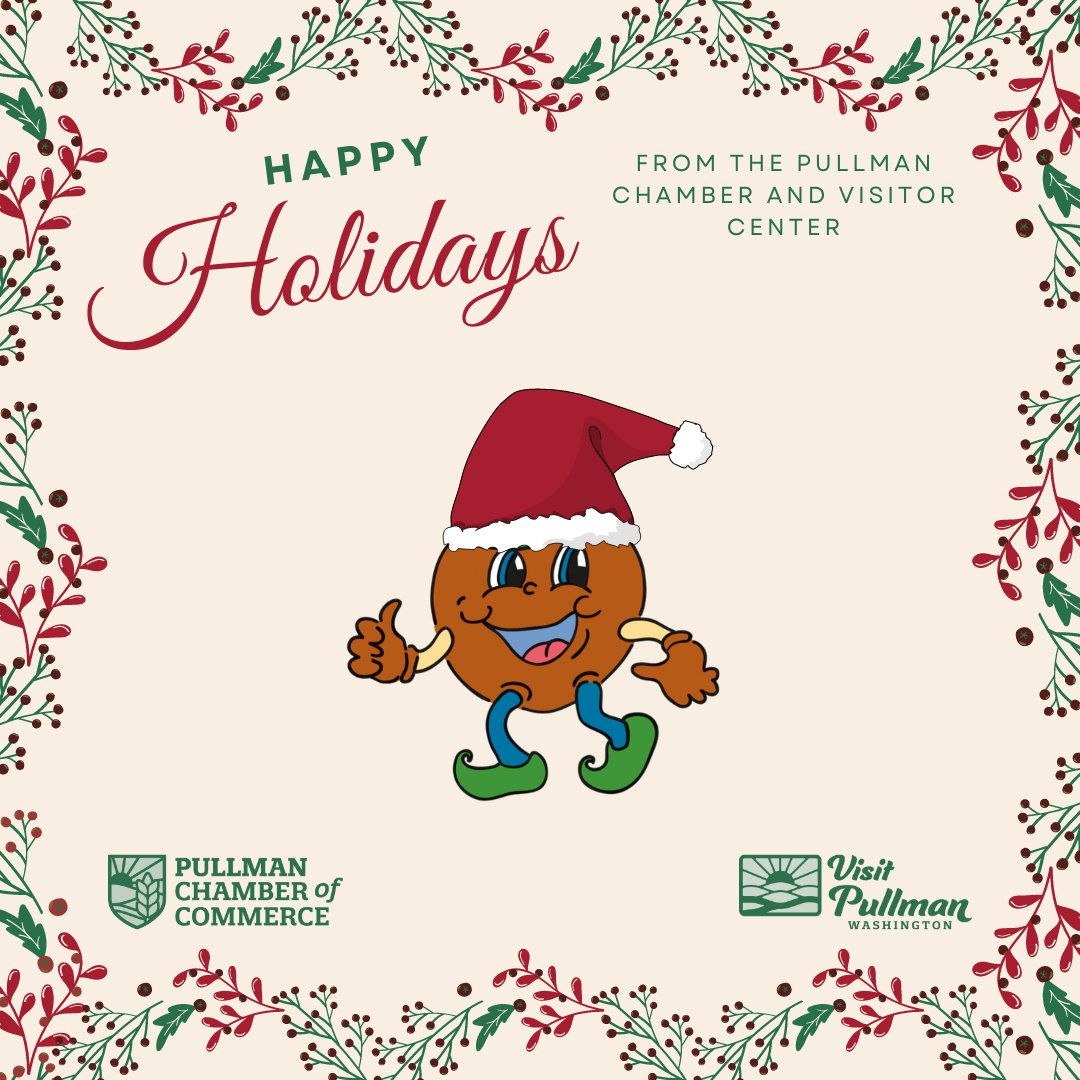 Happy Holidays from Tase T. Lentil and all of us at the Pullman Chamber and Visitor Center!

#pullmanproud #pullmanwa