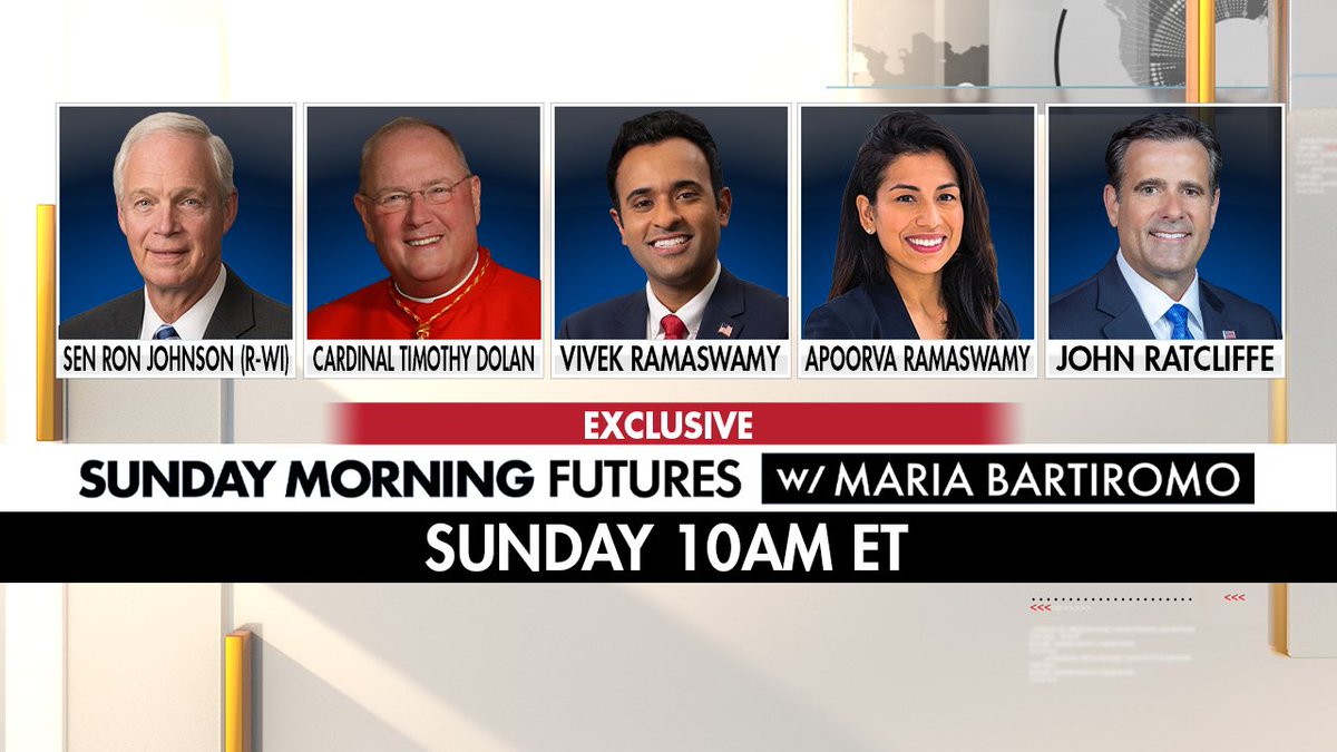 Join @MariaBartiromo this Christmas Eve at 10am ET for interviews with special guests: ➡️@SenRonJohnson ➡️@CardinalDolan @NY_Arch ➡️@VivekGRamaswamy #ApoorvaRamaswamy ➡️@JohnRatcliffe 🎄🎄🎄🎄