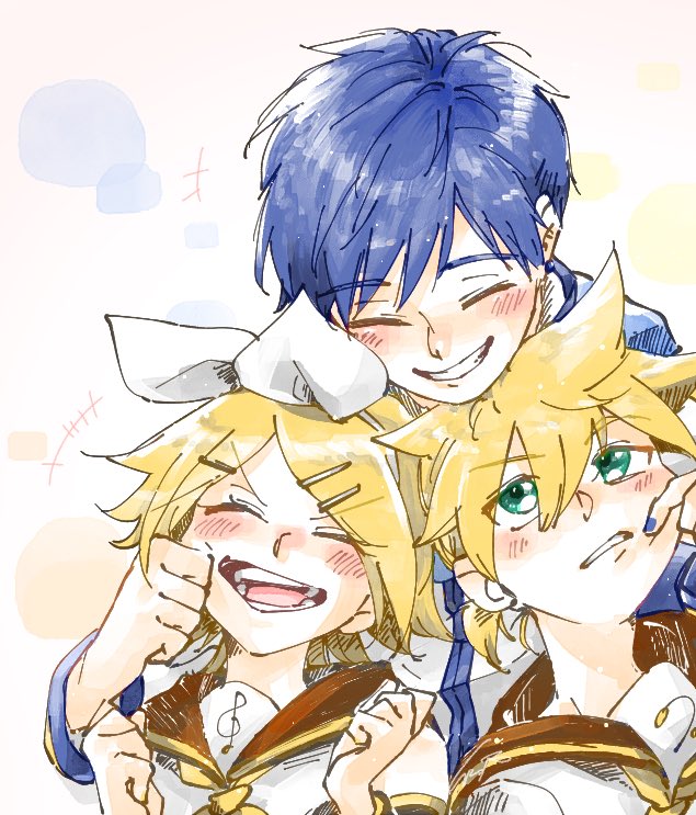 kagamine len ,kagamine rin ,kaito (vocaloid) 1girl 2boys multiple boys blonde hair blue hair cheek pull smile  illustration images