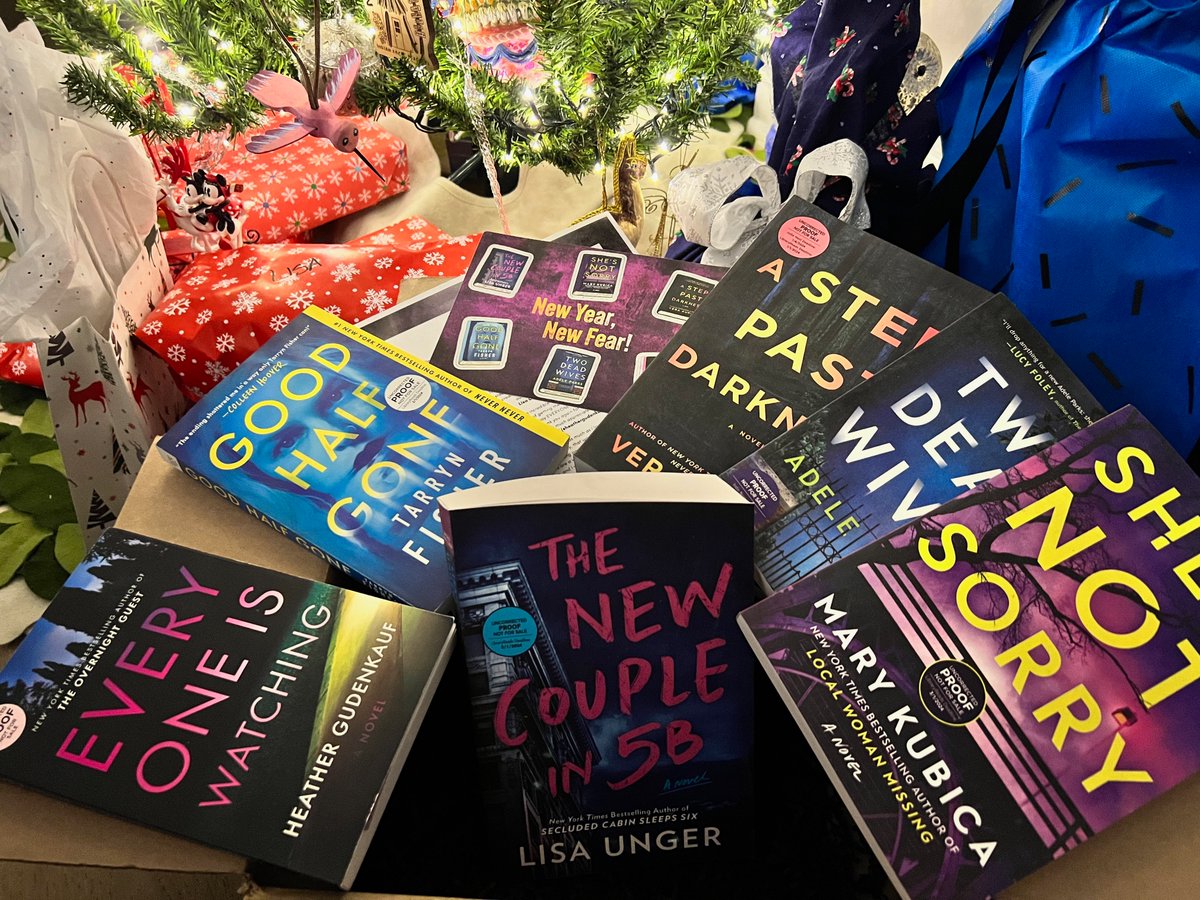 Wow! Look what Santa left!! (🎅= @htpbooks) These stunning new thrillers coming in 2024 incl. THE NEW COUPLE IN 5B! @MaryKubica - SHE'S NOT SORRY @hgudenkauf - EVERYONE IS WATCHING @adeleparks - TWO DEAD WIVES @vera_kurian - A STEP PAST DARKNESS Tarryn Fisher - GOOD HALF GONE