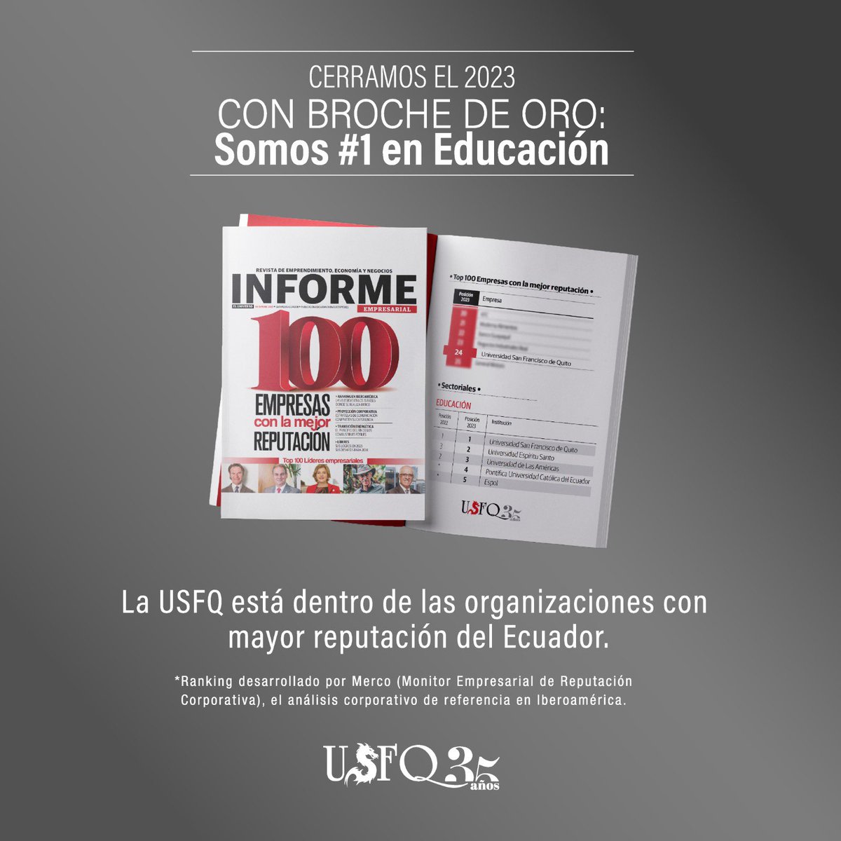 #OrgulloUSFQ 🇪🇨🐲 ¡Estamos dentro del grupo de las 25 organizaciones con mayor reputación del Ecuador! Compartimos este reconocimiento con nuestra comunidad USFQ por llevar la reputación de la universidad al más alto nivel.