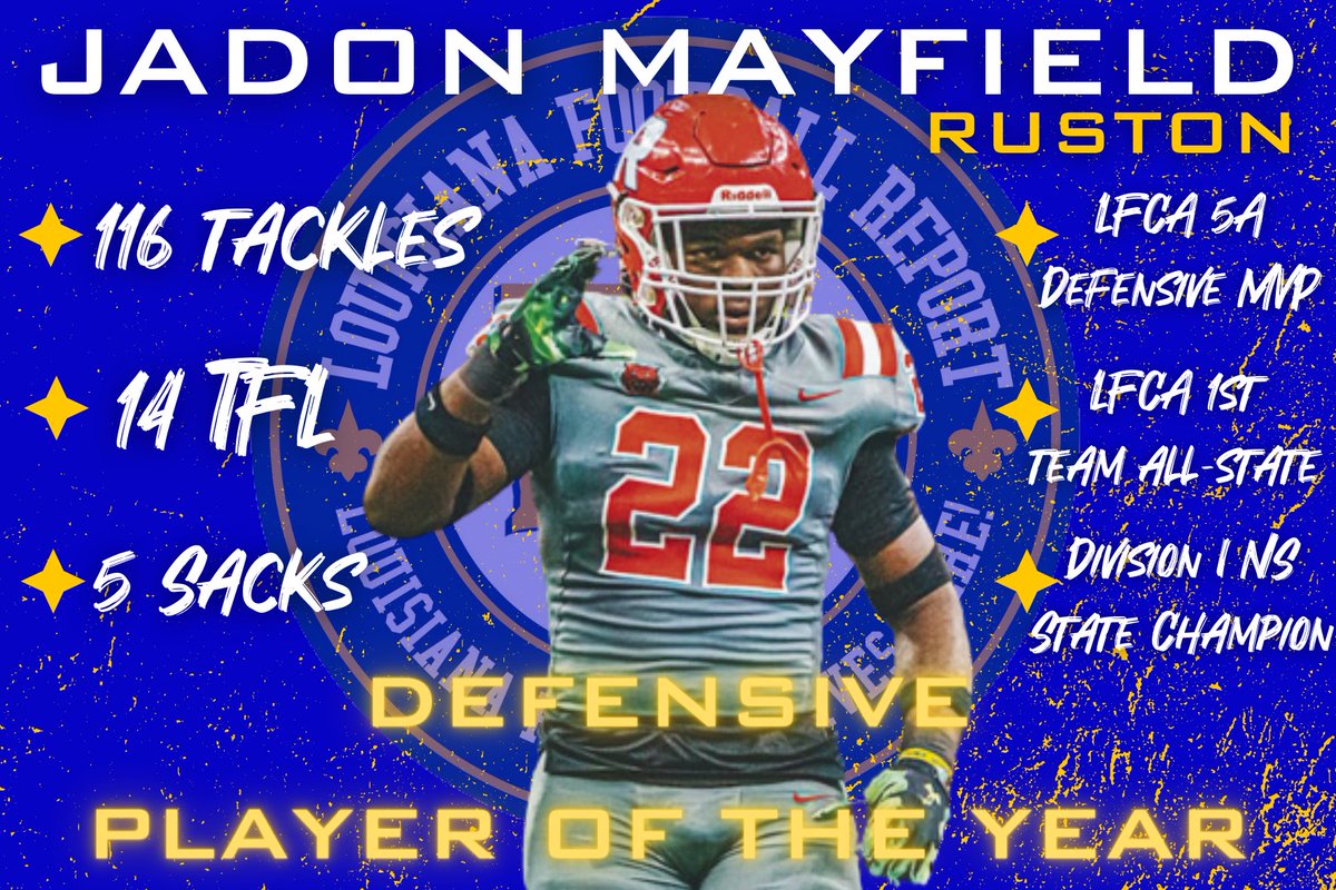 Louisiana Football Report #LAHSFB (@lafbreport) on Twitter photo Congratulations to the #LAFBReport Defensive Player of the Year!
Jadon Mayfield of Ruston High School!
Future LA Tech Bulldog!
📸: Josh McDaniel
🎨: .<a href="/SOLAGraphix/">SOLA Graphix</a> Congratulations to the #LAFBReport Defensive Player of the Year!
Jadon Mayfield of Ruston High School!
Future LA Tech Bulldog!
📸: Josh McDaniel
🎨: .<a href="/SOLAGraphix/">SOLA Graphix</a>