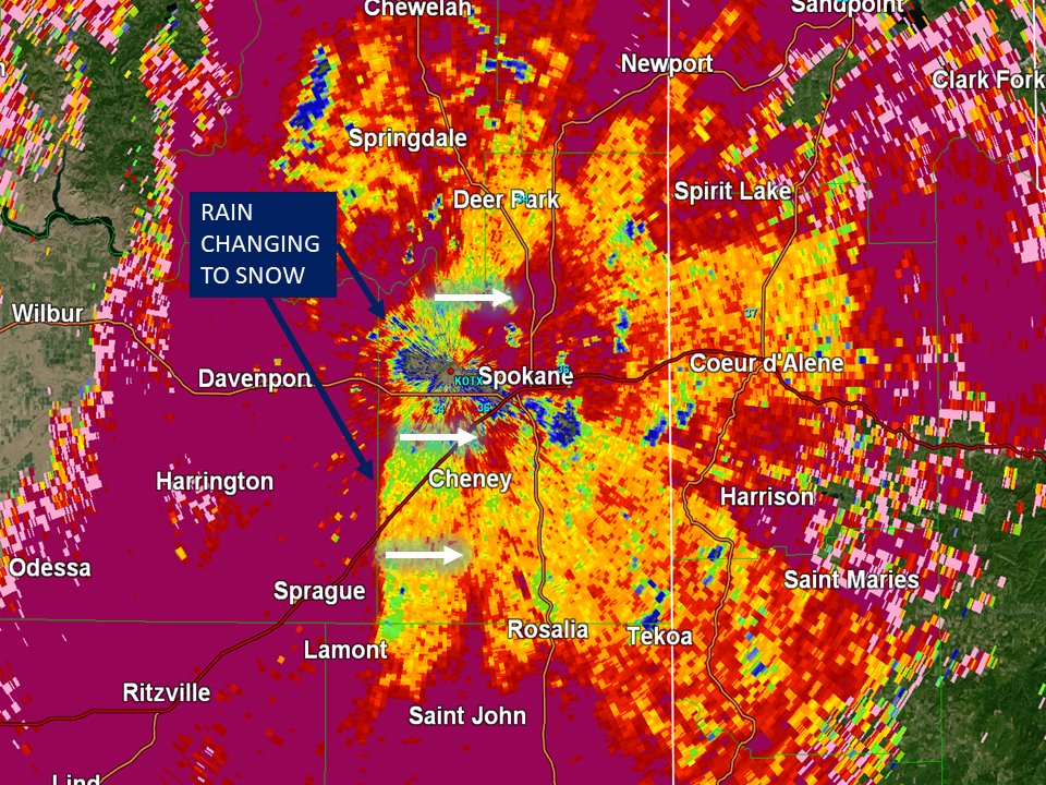 [Dec 22, 3:15PM]: Heads up Deer Park, Spokane, Cheney, Pullman, Cd'A, Moscow. The transition from rain to snow is coming within the hour. Davenport recently switched to snow. The dual pol radar image is picking up this transition and its on our doorstep. #wawx #idwx