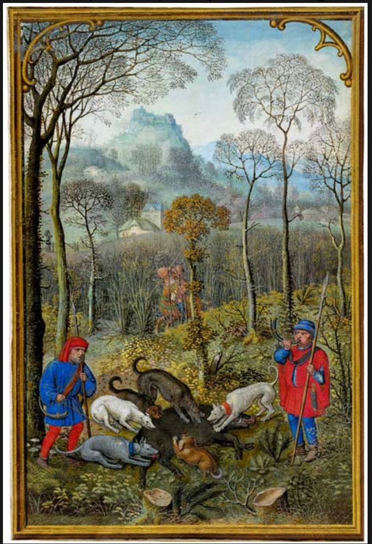 Simon Bening, [from the Da Costa Book of Hours, Belgium] (c. 1515), December, Hunting Wild Boar - (more to the point, a nice depiction of medieval woodland management, coppice hazel with oak standards.