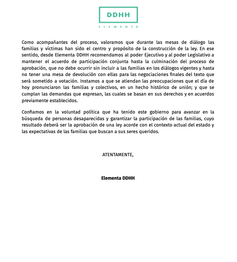 Desde Elementa hacemos un llamado a @MarinadelPilar  y al @congresobc a garantizar el acuerdo de participación con familiares y colectivos de personas desaparecidas, así como a dotar de presupuesto suficiente la operatividad de la Ley sobre Desaparición y Búsqueda de Personas.