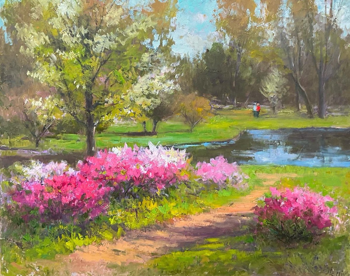 Azaleas at Byrd park in Richmond, Va, oil on board, 16x20 in #oilpainting #julialesnichyart #artoninstagram #artistoninstagram #dailyart #dailypainting #originalart #spring #springcolors #instaart #virginialandscape #virginiaartists #richmondva #landscape #impressionism