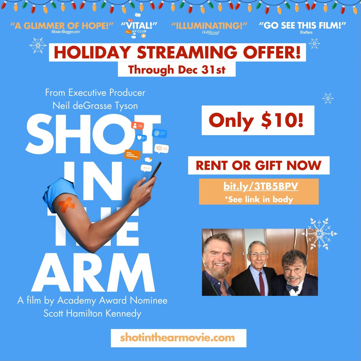 If you missed last week’s free screening of Shot In the Arm, now thru Dec 31, you can gift a private viewing — to yourself, or others.

The documentary, by @ScottHamiltonKennedy, looks compassionately at how anti-science thinking feeds vaccine hesitancy.

bit.ly/3TB5BPV