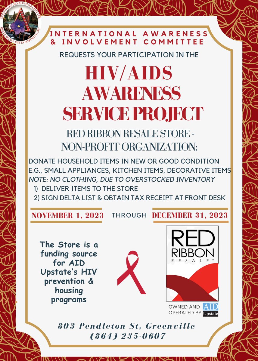 Please continue to support our community service project of helping to stock AID Upstate's Red Ribbon Resale Store. For types of items to donate, please visit their website at redribbbonresale.com.  #GSCAC #GSCACDST #DST1913 #YeahThatGreenville #HIVAIDSAwareness