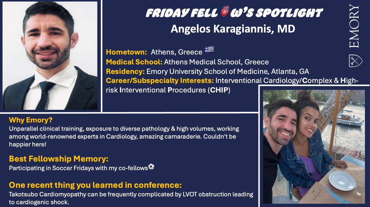 Emory Cardiology Fell🫀ws (@emory_heart) on Twitter photo 🚨Friday Fellow's Spotlight🚨 Introducing one of our phenomenal 3rd fellows! Dr. Angelos Karagiannis! Soon to be IC fellow!
<a href="/EmoryDeptofMed/">Emory Department of Medicine</a> <a href="/ACCinTouch/">American College of Cardiology</a> <a href="/SCAI/">SCAI</a> 🚨Friday Fellow's Spotlight🚨 Introducing one of our phenomenal 3rd fellows! Dr. Angelos Karagiannis! Soon to be IC fellow!
<a href="/EmoryDeptofMed/">Emory Department of Medicine</a> <a href="/ACCinTouch/">American College of Cardiology</a> <a href="/SCAI/">SCAI</a>