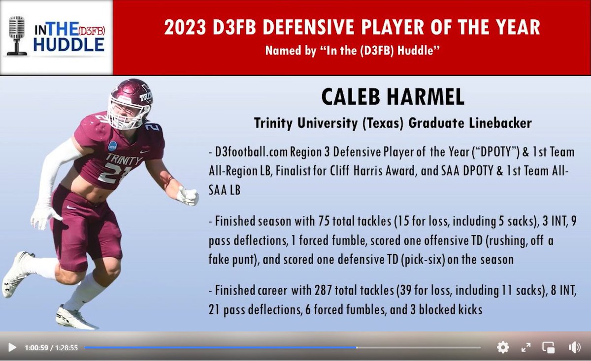 rboerger's tweet image. @D3FBHuddle today named @Caleb_Harmel of @TUFootballTX their 2023 D3FB Defensive Player of the Year.   Congratulations, Caleb! #d3fb #TigerPride