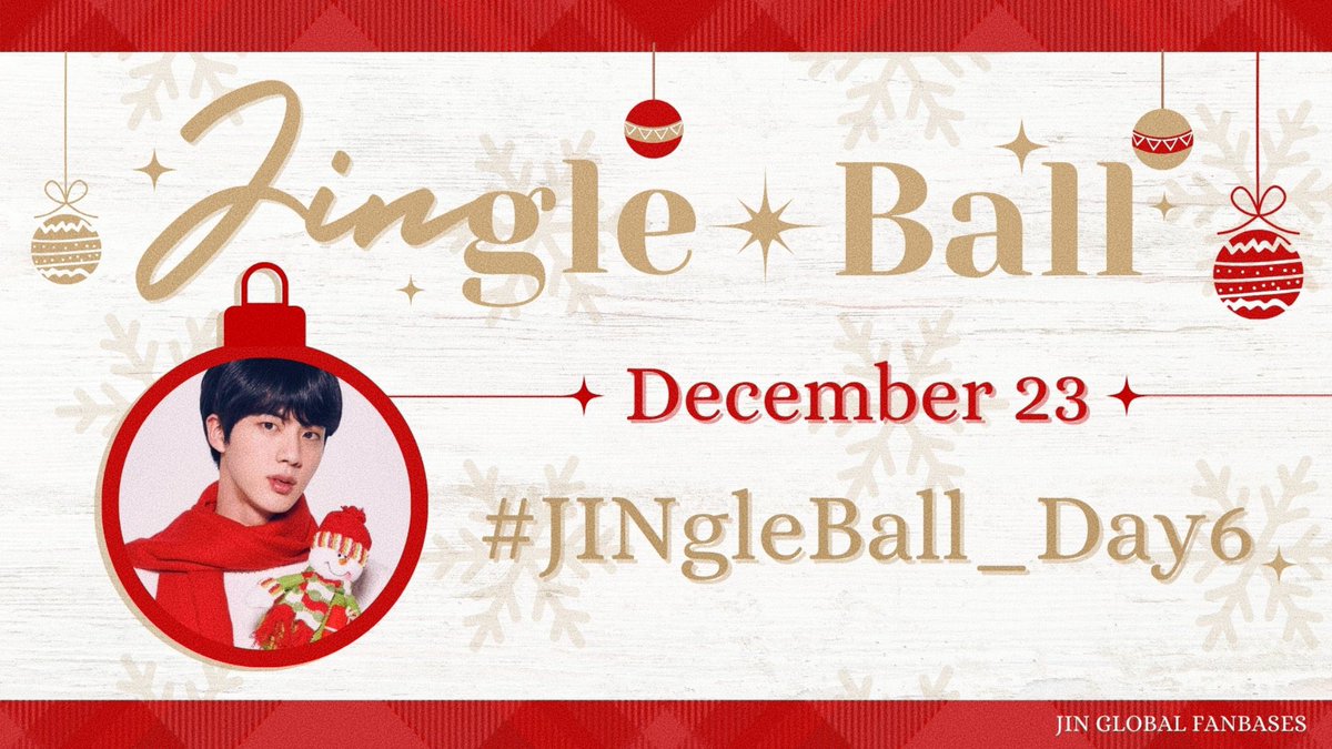 Join the #JINgleBall_Day6 challenge with Jin Discography 💽 🎯 End-year goal 🔒 Special tinyurl.com/JINgleBallD6 🔈 Normal: bit.ly/3RQEAXc 🎯 12,040 Youtube playlist views 🎅🏻bit.ly/LastChristmasD1 🎄bit.ly/FelizNavidadD1 🍎 Apple Music: bit.ly/3tDP5DU