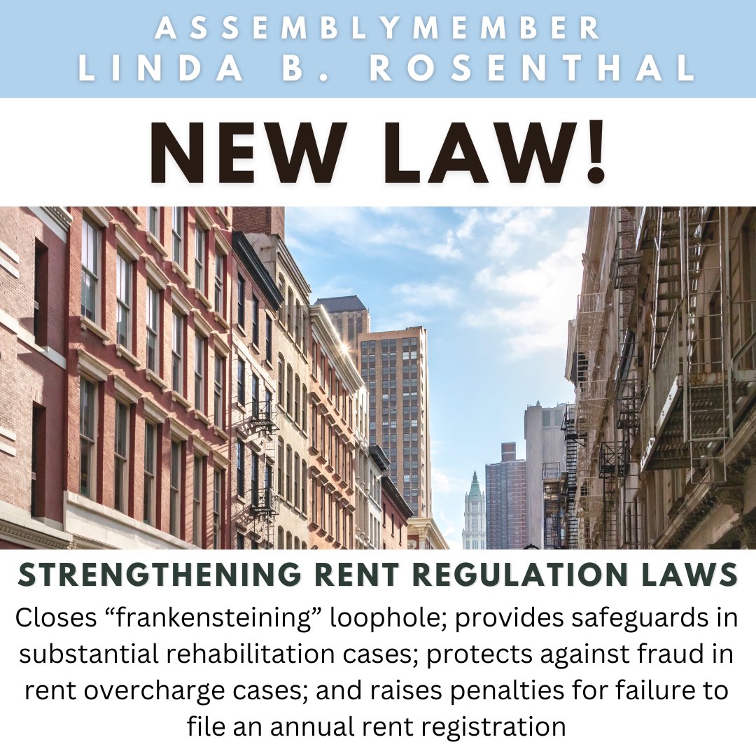 BREAKING: My bill with @BrianKavanaghNY protecting rent regulation has been signed into law by @GovKathyHochul! This law closes loopholes & ends devious tactics that were used to raise rents, overcharge tenants and deregulate countless units.
