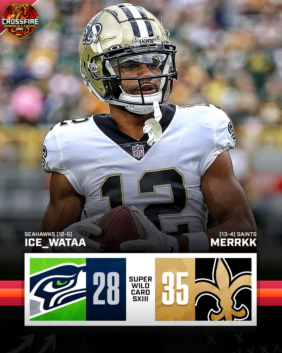 CrossfireLG #CrossfireSZN (@crossfirelg) on Twitter photo Saints MOVES on as they beat the Seahawks in Super Wildcard Round, 35-28!
#FranchiseNation // #Madden24 #leaguecrawler <a href="/EAMaddenNFL/">Madden NFL 26</a> <a href="/NeonSportz/">NeonSportz</a> <a href="/FixCFM/">Team Fix</a> Saints MOVES on as they beat the Seahawks in Super Wildcard Round, 35-28!
#FranchiseNation // #Madden24 #leaguecrawler <a href="/EAMaddenNFL/">Madden NFL 26</a> <a href="/NeonSportz/">NeonSportz</a> <a href="/FixCFM/">Team Fix</a>